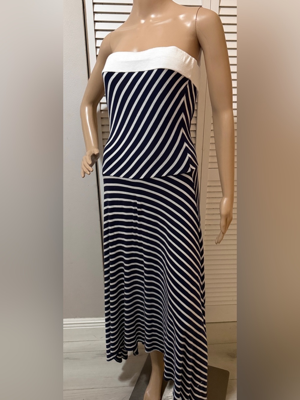 Joseph Walker Strapless Navy White Striped Asymmetrical Midi Dress M - Picture 2 of 5